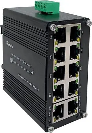 Hardened Industrial Gigabit Compact Ethernet Switch 10-Port 10/100/1000BASE-T RJ45 with auto-MDI/MDI-X Function 10/100Mbps Half/Full Duplex and 1000Mbps Full Duplex 12~48VDC Wide Range Power Input