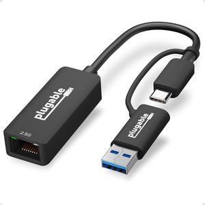 Plugable 2.5G USB C and USB to Ethernet Adapter, 2-in-1 Adapter Compatible with Thunderbolt 3 or USB 3.0, USB-C to RJ45 2.5 Gigabit LAN Ethernet, Compatible with Mac and Windows