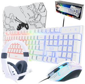 Gaming Keyboard and Mouse and Gaming Headset & Mouse Pad, Wired LED RGB Backlight Bundle for PC Gamers Users - 4 in 1 White Edition Hornet RX-250