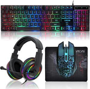 CHONCHOW LED Gaming Keyboard, Mouse, Headset, and Mousepad Bundle - Wired Rainbow Light Up Set for Xbox PS4 PS5 PC Laptop Gamer