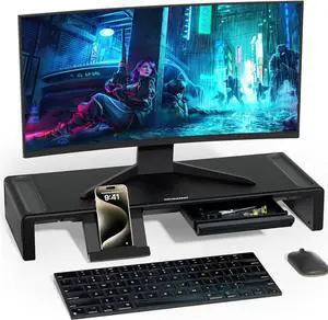 OImaster Monitor Stand Riser, Foldable Computer Monitor Riser, Adjustable Length Computer Stand and Storage Drawer & Pen Slot, Phone Stand Compatible Computer, Desktop, Laptop, Save Space (Black)