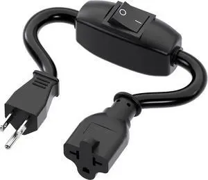 Heavy Duty On/Off Switch Extension Cord 12-AWG 15A Household Plug Male to Female T Blade Adapter Cable with Heavy Duty Double Break 20A 125V Inline Switch, L=32CM