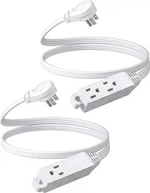 DEWENWILS 3 Outlet Extension Cord with Flat Plug, 3FT 16/3 Awg Grounded Power Cable for Indoor Use, SPT-3 Cord, White, ETL Listed, 2 Pack