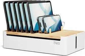 Prosumers Choice Bamboo Charging Station for Multiple Devices - Wooden Charger Organizer with Removable Dividers for Phones, Tablets, and Laptops - 11 Inch Cable Organizer Box - Space-Saving Desk Dock