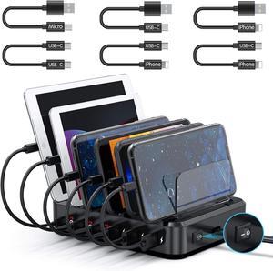 COSOOS PD USB-C Charging Station, 81 W 6-Port USB Charging Station for Multiple Devices with 3 PD 20 W USB-C Charger & 6 Mixed Short Cables, Fast Multi USB Charger Station