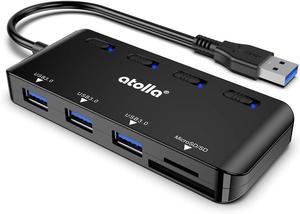 USB SD Card Reader, atolla USB Hub with SD/Micro SD Card Reader, USB Splitter with 3 USB Ports, 2 Card Slots and Individual LED Power Switches