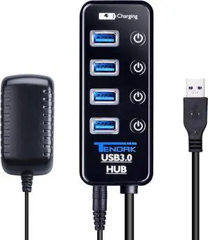 USB 3.0 Hub - Tendak USB Hub with 4 USB 3.0 Data Ports + 1 USB Smart Charging Port and Power Supply Adapter with Individual On/Off Port Switches for MacBook, Mac Pro, HDD