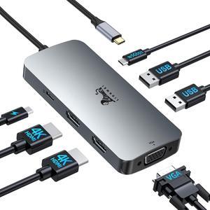 USB C Docking Station Dual HDMI Adapter, LIONWEI Laptop Docking Station Dual Monitor with Dual 4K HDMI, VGA, Fast Charging Port, 3 USB, USB C Hub Multiport Adapter for Dell, Lenovo, HP, Surface