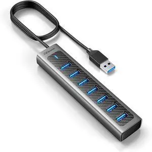 GM7U 7-Port USB 3.0 Hub, 3.3FT Long Cable, Aluminum, High-Speed, Multi Port Extender, External Expansion Data Hub for PC Laptop, Desktop Computer, Older Mac, Black Grey