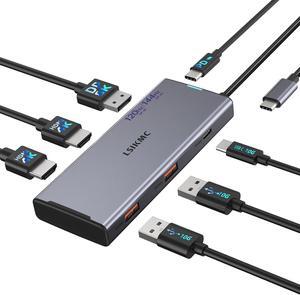 4K Triple Monitor Docking Station, 7-in-1 USB C Hub with Dual HDMI 4K@60Hz, DP 8K@30Hz/4K@144Hz/4K@120Hz, 100W PD, 3x10Gbps USB for Dell/HP/Lenovo