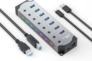 3.0 USB Hub, Beauif 7-Port USB 3.0 RGB Hub with 14 Color RGB LED Strip, Three Dynamic Modes, Independent Button Switches, Aluminum Gaming USB Hub for PC and Laptops.