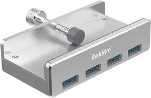 USB Hub 3.0 - Rekidm 4 Port Aluminum Desk USB Hub 3.0 Clamp Design for Desktop, Computer, PC, Table Edge with Durable Adjustable Clip, Space-Saving Mountable USB Hub Fast Speed Transfer