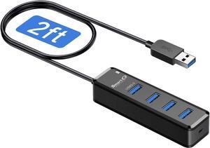 SmartQ H302 4-Port 3.0 Hub with 2ft Long Cable, Multi-Port Expander with Type-C Charging, Fast Data Transfer Splitter for Laptop, Compatible with Windows PC, Mac, Printer, Mobile HDD