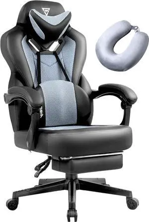 Gaming Chair with Footrest- Mesh Gaming Chair for Heavy People, Reclining Office Desk Computer Chair with Footrest and Lumbar Support, Big and Tall Mesh Gamer Chair with Massage (Light Grey)