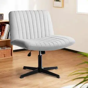 LEMBERI Criss Cross Desk Chair No Wheels, Fabric Padded Armless Wide Seat 120° Rocking Mid Back Ergonomic Computer Task Vanity Chairs for Office, Home, Make Up,Small Space, Bed Room,Gray