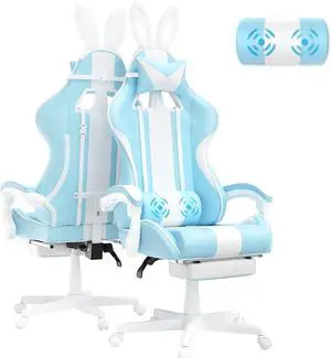 Ferghana Kawaii Light Blue Gaming Chair with Bunny Ears, Ergonomic Cute Gamer Chair with Footrest and Massage, Racing Reclining Leather Computer Game Chair 250lbs for Girls Adults Teens Kids