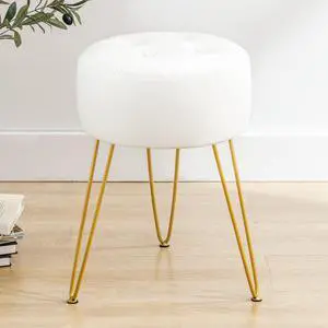 LUE BONA Faux Leather Vanity Stool Chair for Makeup Room, White Stool for Vanity, 19 Height, Tufted Vanity Chair Stool with Metal Legs, Modern Foot Stool Ottoman for Bedroom, Living Room