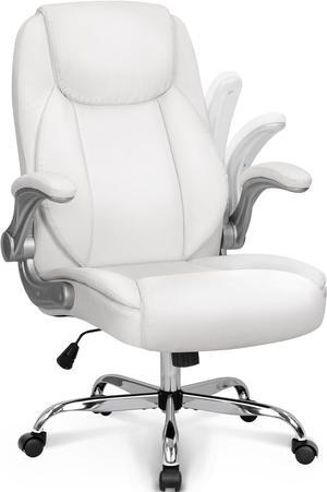 NEO CHAIR Ergonomic Office Chair PU Leather Executive High Back Computer Desk Chair Adjustable Height Flip-up Armrests Lumbar Support Swivel Rolling Wheels Comfy for Home Gaming (White)