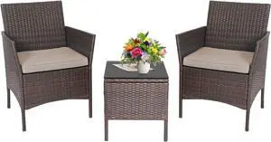 3-Piece Outdoor Wicker Conversation Bistro Set Outdoor Patio Porch Furniture Sets for Yard, Garden with 2 PE Rattan Wicker Chairs, 2 Cushions,1 Coffee Table