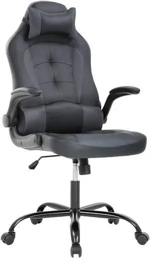 BestOffice PC Gaming Chair Ergonomic Office Chair Desk Chair with Lumbar Support Flip Up Arms Headrest PU Leather Executive High Back Computer Chair for Adults Women Men (Grey)