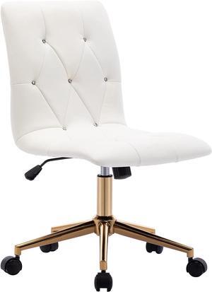 DUHOME Modern Home Office Chair,PU Leather Task Cute White Desk Chair with Gold Base, Armless Rolling Vanity Chair with Wheels for Teens