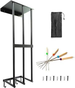 Camping Chair Wall Storage for Garage, Metal Rack Organizer with Floating Shelf and 4 Utility Hooks, Stainless Steel Mount Holder System for Umbrella Yoga Mat Folding Beach Seats, Black