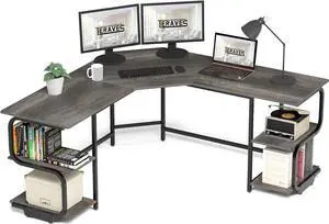 Teraves Modern L Shaped Desk with Shelves,64.84" Gaming Computer Desk for Home Office,Corner Desk with Desktop (Black Oak+Black Frame, Large+4 Tier Shelves)