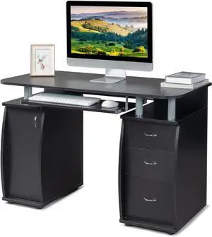 Karl home Computer Desk with Drawers & Storage Cabinet, Small Office Desk PC Laptop Workstation for Home, Studio, Office, Apartment, Black