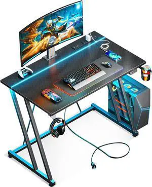 MOTPK 32 Inch Small Gaming Desk with LED Lights & Power Outlet, Computer Desk for Small Space, Gaming Table with Carbon Fiber Texture, Kids Desk Gift for Boys Men, Black