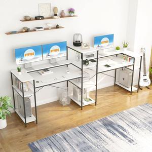 109 Inches White Double Computer Desk, Extra Long Two Person Desk Workstation with Storage Shelves & Monitor Stand, Large Office Desk Study Writing Table for Home Office