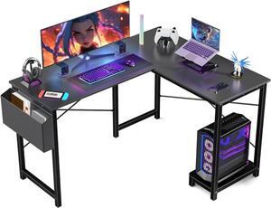 L-Shaped Wooden PC Desk for Gaming and Work - 50 Inch Writing Space-Saving Corner Table with CPU Storage Shelf, Side Bag, Home, Office, Black
