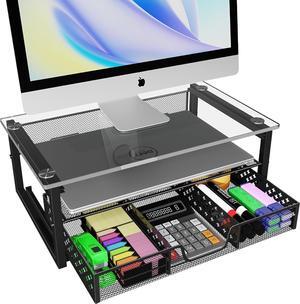 Simple Trending 2-Tier Monitor Stand Riser, Glass Metal Computer Desk Organizer with Drawer for Laptop, iMac, Black