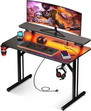 MOTPK 32 Inch Small Gaming Desk with LED Lights & Power Outlets, Computer Desk Gaming Table with Monitor Shelf, Gamer Desk with Carbon Fiber Texture, Kids Boys Desk Gift for Men