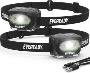 Eveready Rechargeable LED Headlamps (2-Pack), IPX4 Water Resistant Head Lights for Running, Camping, Emergency, Outdoors (USB Cable Included),Black (2-Pack),Adjustable