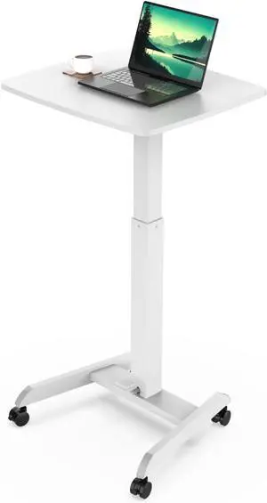 Mount-It! Rolling Laptop Desk Adjustable Height (29.6-44.2), Mobile Workstation Cart with 23.6 x 20.5 Desktop, Small Sit-Stand Desk for Home, Office, or Classroom in White