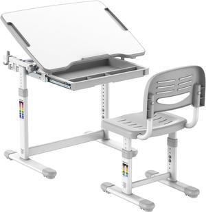Mount-It! Kids Desk and Chair Set Height Adjustable up to 30" Ergonomic Kids Desk School, Kids Table and Chairs for Student 26" x 18" Tabletop with Pencil Drawer, 3-10 Age Children, Grey