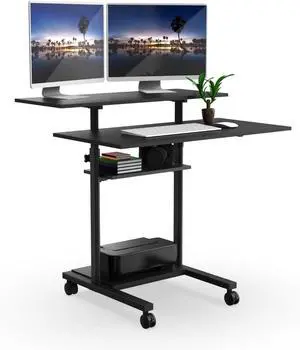 Mount-It! Mobile Desk Workstation 40 Inch Wide Large Rolling Computer Desk is Height Adjustable to 64 Inches, Sit Stand Computer Cart with Multi Level Shelves on Wheels in Black