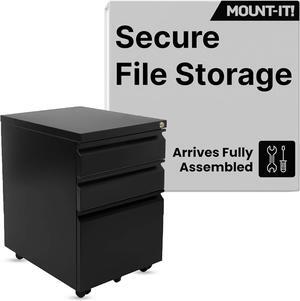 Mount-It! 3 Drawer File Cabinet with Lock and Wheels, Under Desk Storage Filing Cabinet for Home Office, Small Rolling File Cabinet for Legal, Letter, and A4 Files in Black