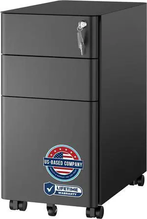 Mount-It! Slim Rolling Under Desk Cabinet, Mobile Filing Cabinet with 3 Drawers and Lock for Home & Office Storage, Black