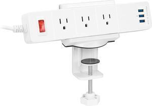 Mount-It! Power Strip Holder Clamp Desk Mount with Included Surge Protector | White Desktop Power Outlet with 3 USB Ports and 3 AC Power Outlets | Adjustable Power Strip Clamp Mount