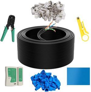 Cat6 Outdoor Ethernet Cable 500 FT with Tool Kit, Heavy Duty Network Internet DIY Bulk Cord, Support Cat 6 Cat5e Cat5, UTP, CCA, Waterproof, PVC & LLDPE UV Double Jackets, in Wall, Direct Burial, POE