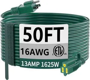 HUANCHAIN Indoor Outdoor Green Extension Cord 50 ft Waterproof, 16/3 Gauge Flexible Cold-Resistant Appliance Extension Cord Outside, 13A 1625W 16AWG SJTW, 3 Prong Heavy Duty Electric Cable, ETL