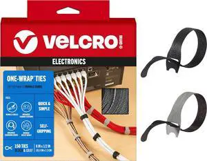 VELCRO Brand 150pk Cable Ties Value Pack | Replace Zip Ties with Reusable Straps, Reduce Waste | For Wire Management and Cord Organizer | 8 x 1/2" Thin Pre-Cut Design, Black and Gray