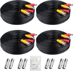 4x200ft BNC Cable All-in-One Siamese Video and Power Security Camera Cable Extension Wire Cord with 2 Female Connectors for All Max 5MP HD CCTV DVR Surveillance System, 200ft 4pack Cable, Black