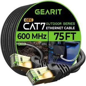 GEARit Cat7 Outdoor Ethernet Cable (75ft) SFTP Shielded Foil Twisted Pair, Pure Copper, LLDPE, Waterproof, Direct Burial, In-Ground, UV Resistant, POE, Network, LAN, Internet, Cat 7-75 Feet