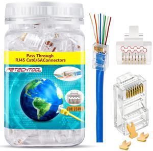 RJ45 23AWG Cat6a Cat6 Connector Gold Plated 8P8C Pass Through Ends UTP Network Plug for Unshielded Twisted Pair Solid Wire & Standard Cables | Transparent Passthrough Ethernet Connector (100Packs)