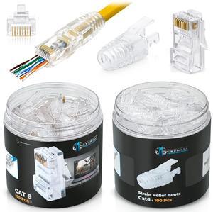 Everest Media Solutions RJ45 Cat6 Pass Through Connectors and Strain Relief Boots - Pack of 100/100 - EZ to Crimp Modular Plug for Solid or Stranded UTP Network Cable - Male Ethernet Connector End