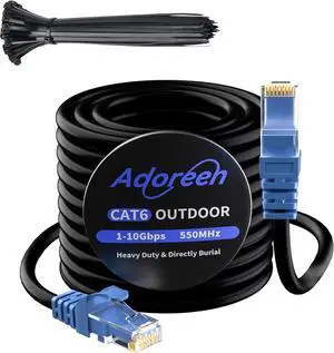 Adoreen Cat 6 Outdoor Ethernet Cable 100 Ft Black, High Speed Heavy Duty Long Internet Network Cable for POE Camera Cat 5 5e RJ45 LAN Patch Cable Cord, Sturdy Waterproof Direct Burial+25 Ties