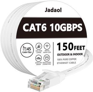Cat 6 Ethernet Cable 150 ft (45.72m), Outdoor & Indoor, 10Gbps Support Cat 8 Cat 7 Network, Long Flat Internet LAN Patch Cord, Cat6 Solid High Speed Weatherproof Cable for Router, Modem, Switch, White