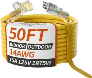 14/3 Gauge Yellow Outdoor Extension Cord 50 ft Waterproof with Lighted Indicator, Cold Weatherproof -40°C, Flexible 3 Prong Extension Cord Outside,15A 1875W 14AWG SJTW, ETL Listed